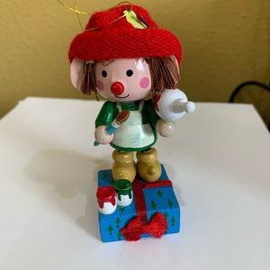 Vintage Girl Elf Christmas Wooden Ornament W/Artist Brush 1980’s